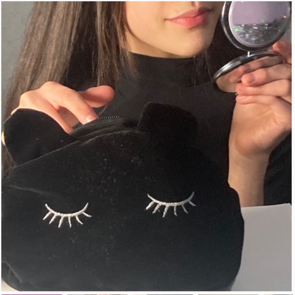 Kawaii Blue Black Velvet Velour Cat Make Up Storage Bag Zip Pom Pom Embroidered